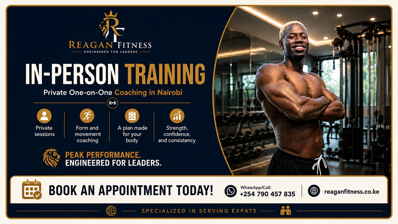 Reagan Nyamwaka providing hands-on form correction during a personal training session in Nairobi