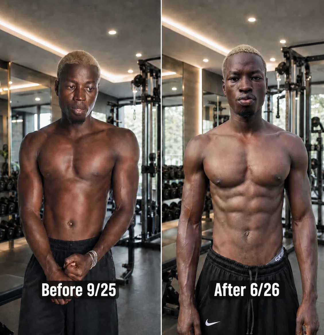 Before and after fitness transformation showing dramatic body recomposition results